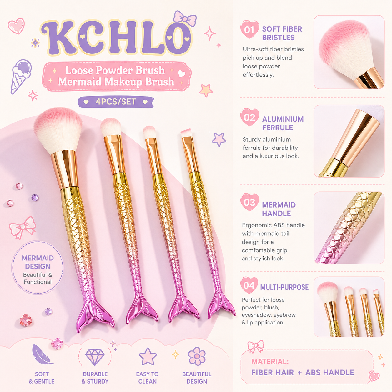 4PCS MERMAID MAKEUP BRUSH SET LOOSE POWDER &amp; EYE BRUSH