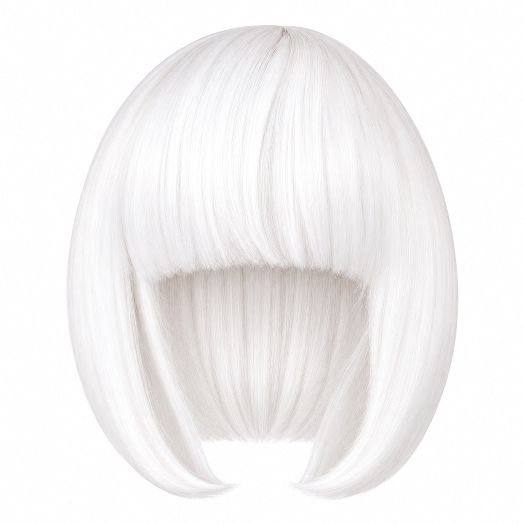 White straight bob wig with full fringe and curved-in ends on a white background.