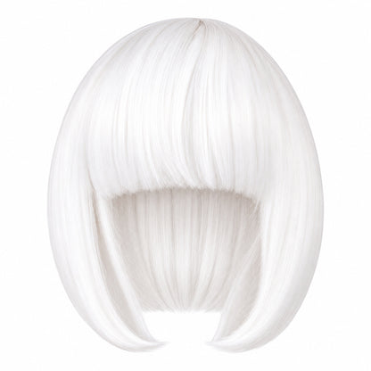 White straight bob wig with full fringe and curved-in ends on a white background.
