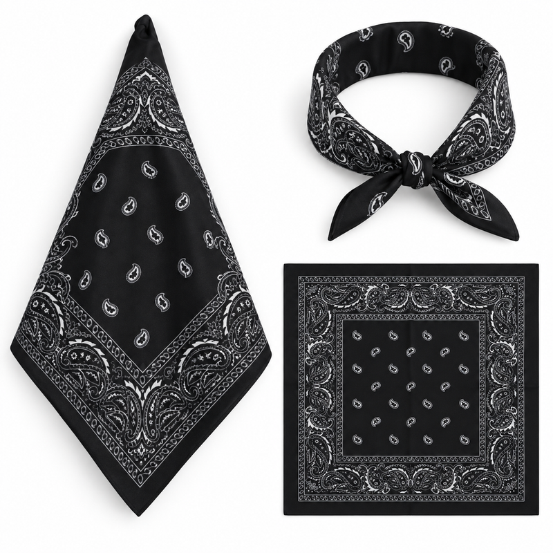 Black 100% cotton paisley bandana head scarf on a white background.