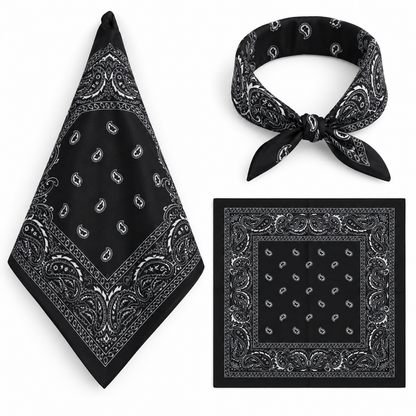 Black 100% cotton paisley bandana head scarf on a white background.