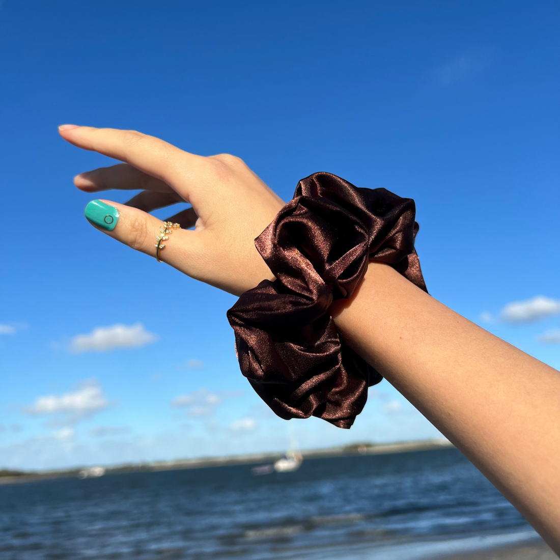 15CM BROWN OVERSIZE LARGE SCRUNCHIES SILK SATIN ELASTIC HAIR BANDS ROPE TIE PONYTAIL