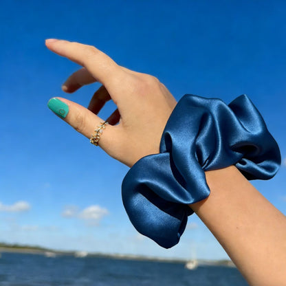 18CM BLUE OVERSIZE LARGE SCRUNCHIES SILK SATIN ELASTIC HAIR ROPE PONYTAIL TIE