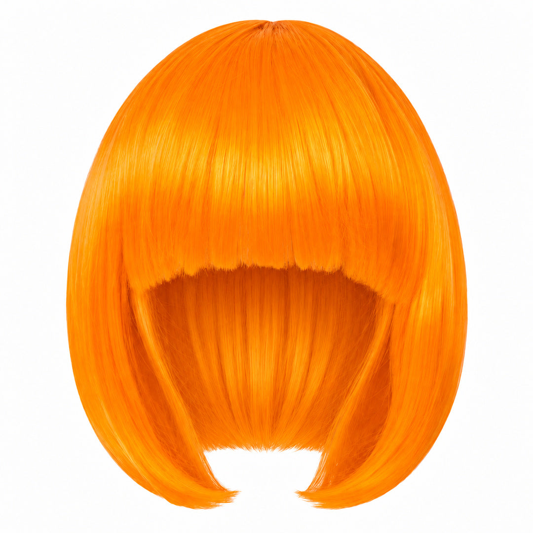 Orange straight bob wig with full fringe and curved-in ends on a white background.
