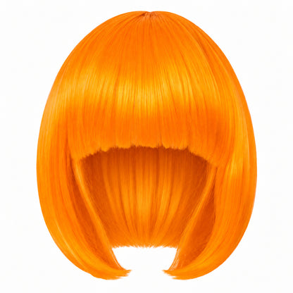 Orange straight bob wig with full fringe and curved-in ends on a white background.