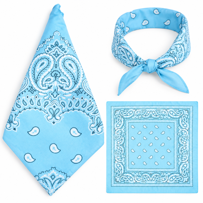 Light Blue 100% cotton paisley bandana head scarf on a white background.