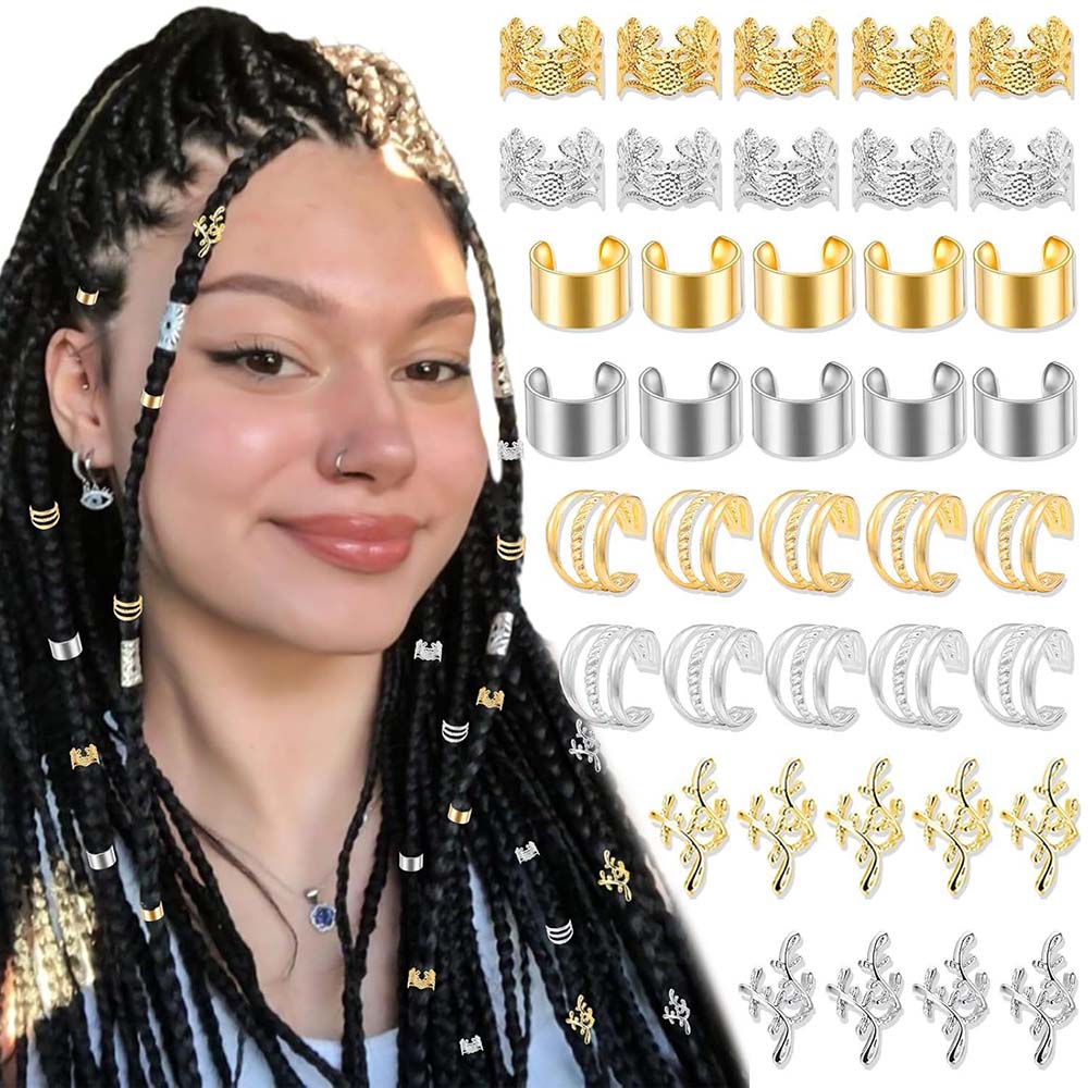 40PCS GOLD & SILVER LEAF HAIR CUFFS BRAID CUFFS