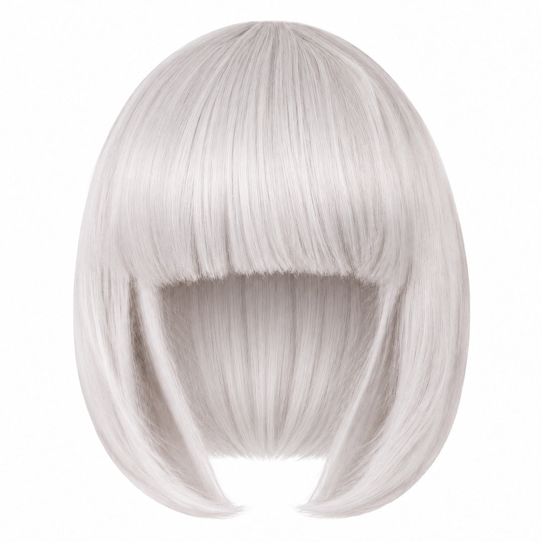 Silver Grey straight bob wig with full fringe and curved-in ends on a white background.