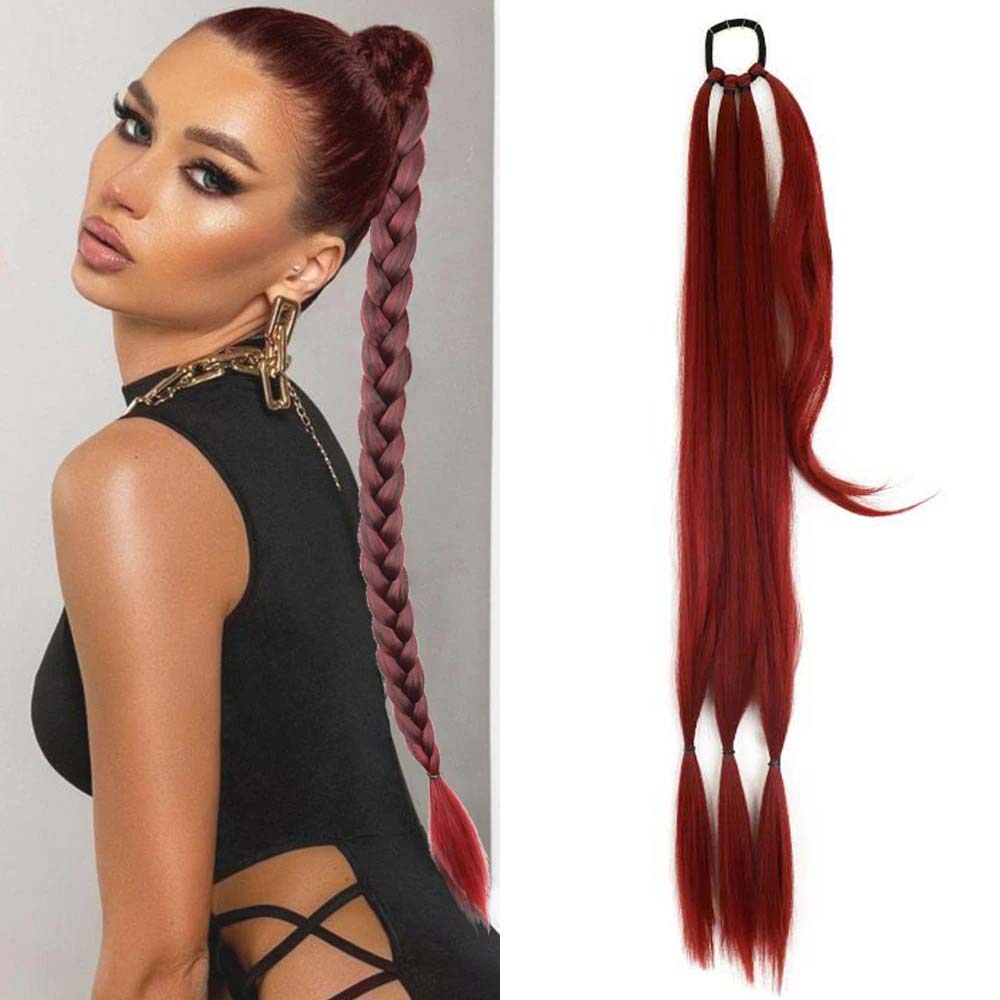 BURGUNDY RED 85CM LONG SYNTHETIC BRAIDED PONYTAIL EXTENSION