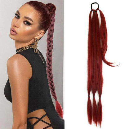 BURGUNDY RED 85CM LONG SYNTHETIC BRAIDED PONYTAIL EXTENSION
