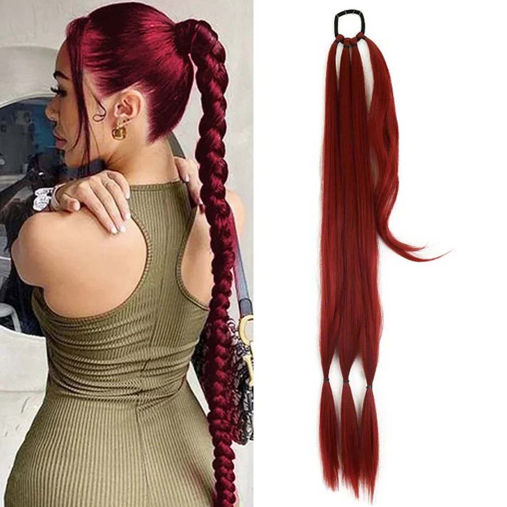 BURGUNDY RED 85CM LONG SYNTHETIC BRAIDED PONYTAIL EXTENSION