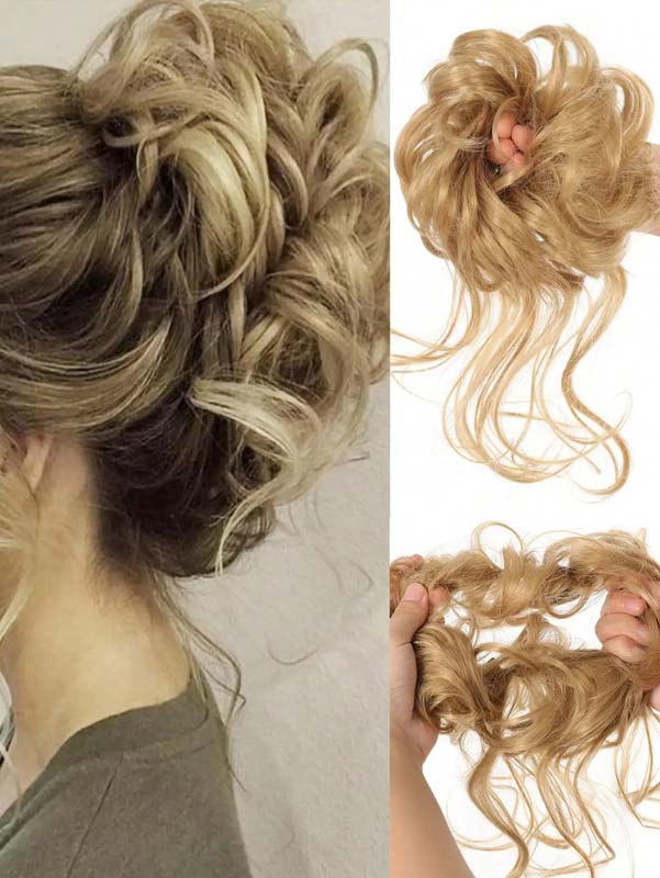 LIGHT GOLDEN BLONDE 20CM SYNTHETIC HAIR BUN EXTENSIONS MESSY CURLY SCRUNCHIES