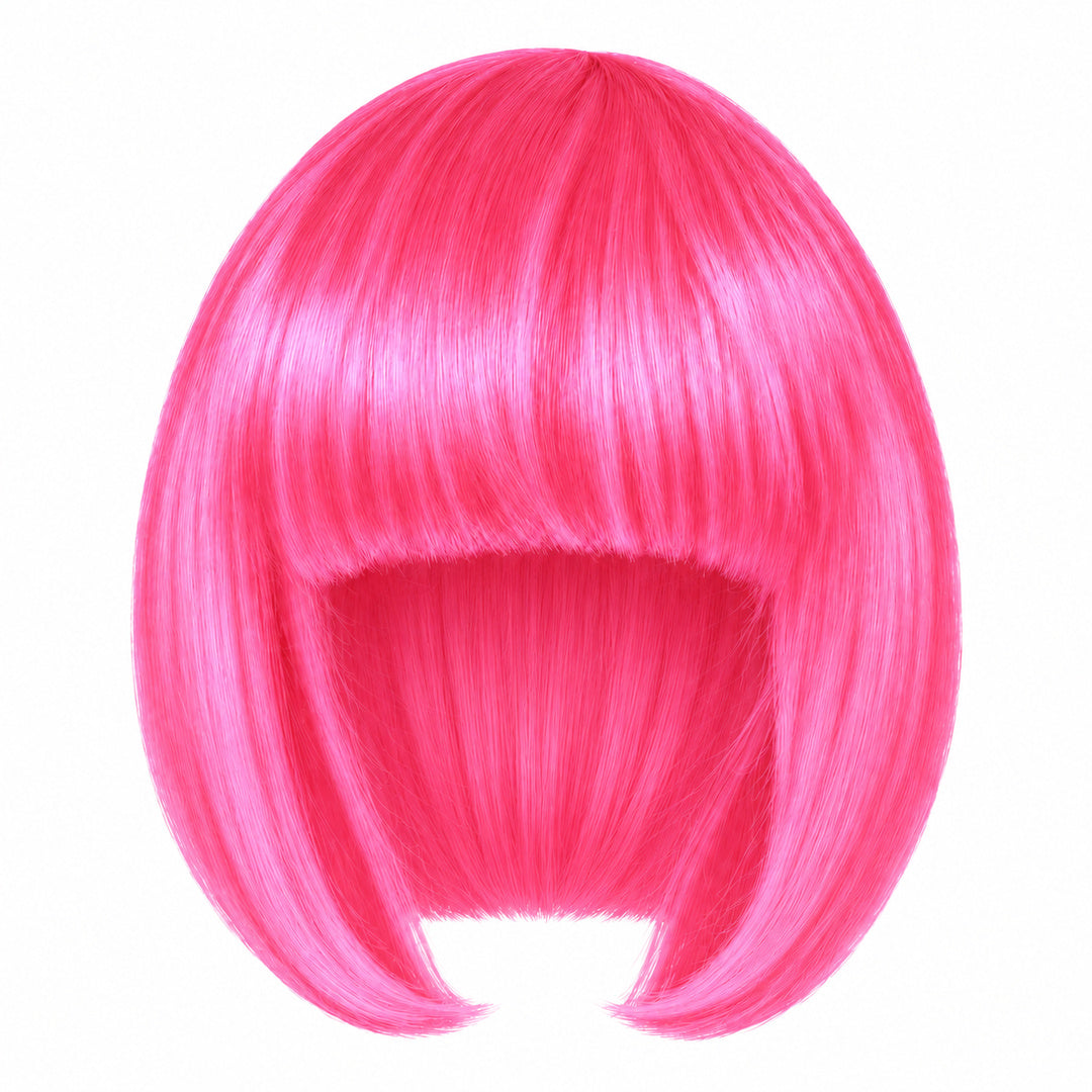 Hot Pink straight bob wig with full fringe and curved-in ends on a white background.
