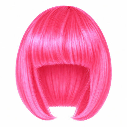 Hot Pink straight bob wig with full fringe and curved-in ends on a white background.