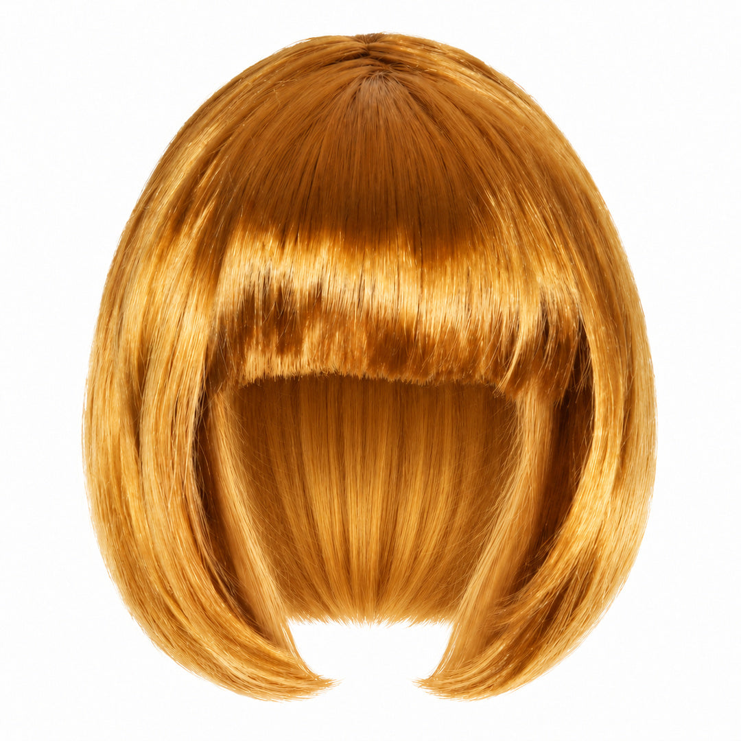 Gold straight bob wig with full fringe and curved-in ends on a white background.