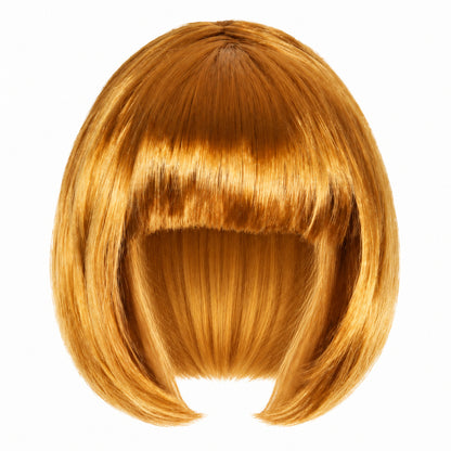 Gold straight bob wig with full fringe and curved-in ends on a white background.