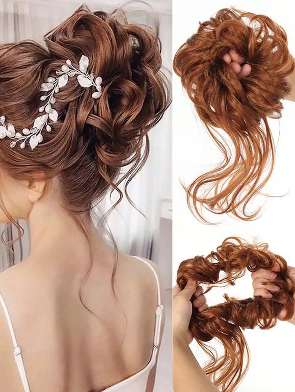 LIGHT REDDISH BROWN 20CM SYNTHETIC HAIR BUN EXTENSIONS MESSY CURLY SCRUNCHIES