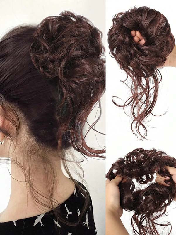 CHOCOLATE REDDISH BROWN 20CM SYNTHETIC HAIR BUN EXTENSIONS MESSY CURLY SCRUNCHIES