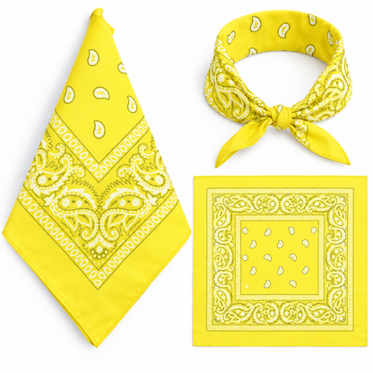 Yellow 100% cotton paisley bandana head scarf on a white background.