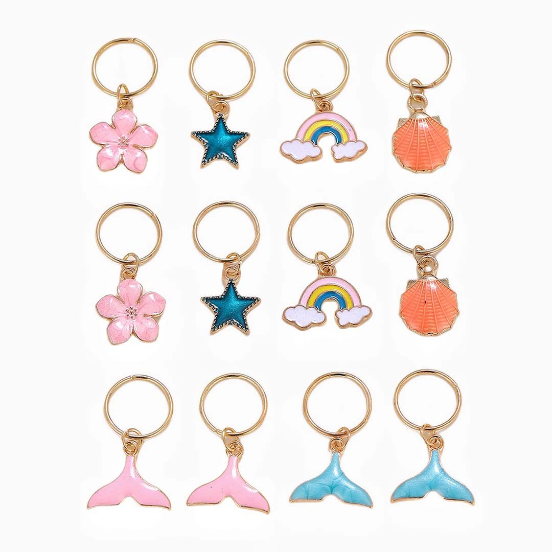 12PCS RAINBOW MERMAID GOLD HAIR CUFFS BRAID CHARMS