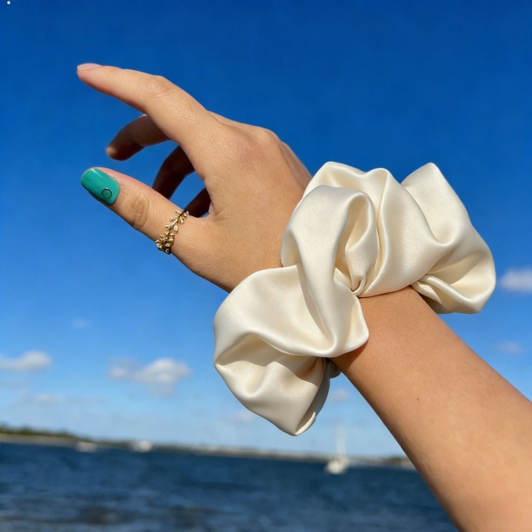 18CM BEIGE OVERSIZE LARGE SCRUNCHIES SILK SATIN ELASTIC HAIR ROPE PONYTAIL TIE