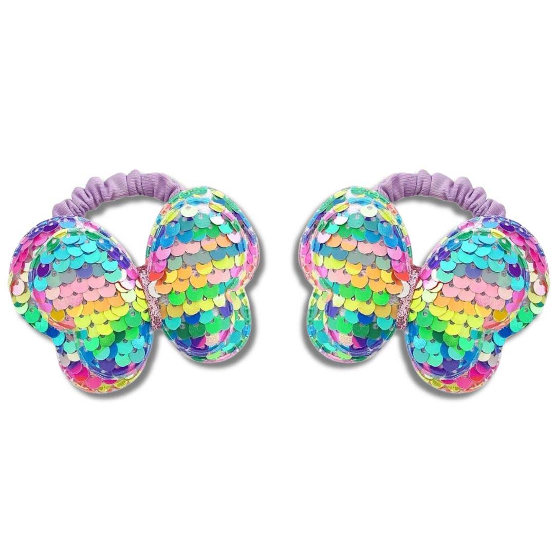 2PCS RAINBOW KIDS SEQUIN BUTTERFLY HAIR TIES COLOURFUL ELASTIC PONYTAIL HOLDERS FOR GIRLS