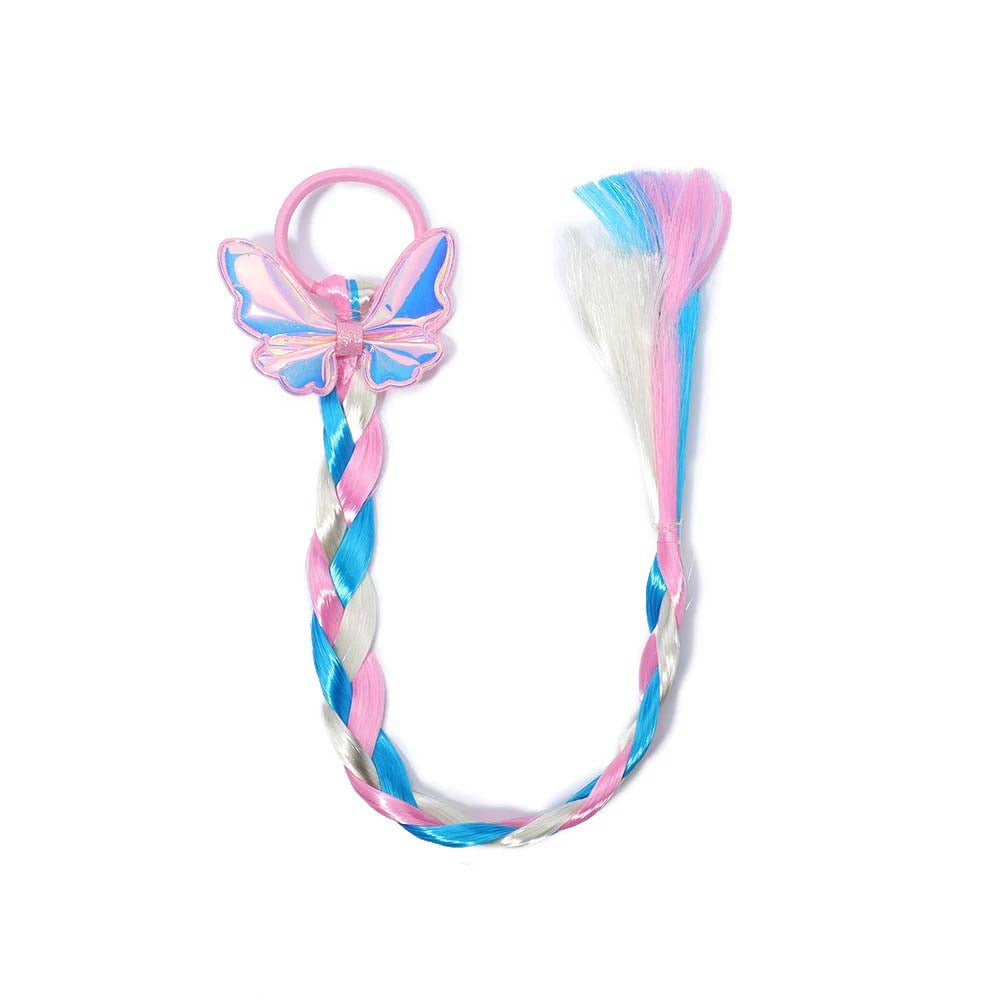 PINK BLUE BUTTERFLY BRAIDED HAIR PIECE WITH ELASTIC RUBBER BAND