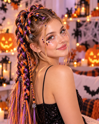 A woman with elaborate Halloween braids in orange, purple, and black, wearing a black sequined top and glittery face makeup, posed in a cozy, warmly lit Halloween-themed room with pumpkins and string lights.