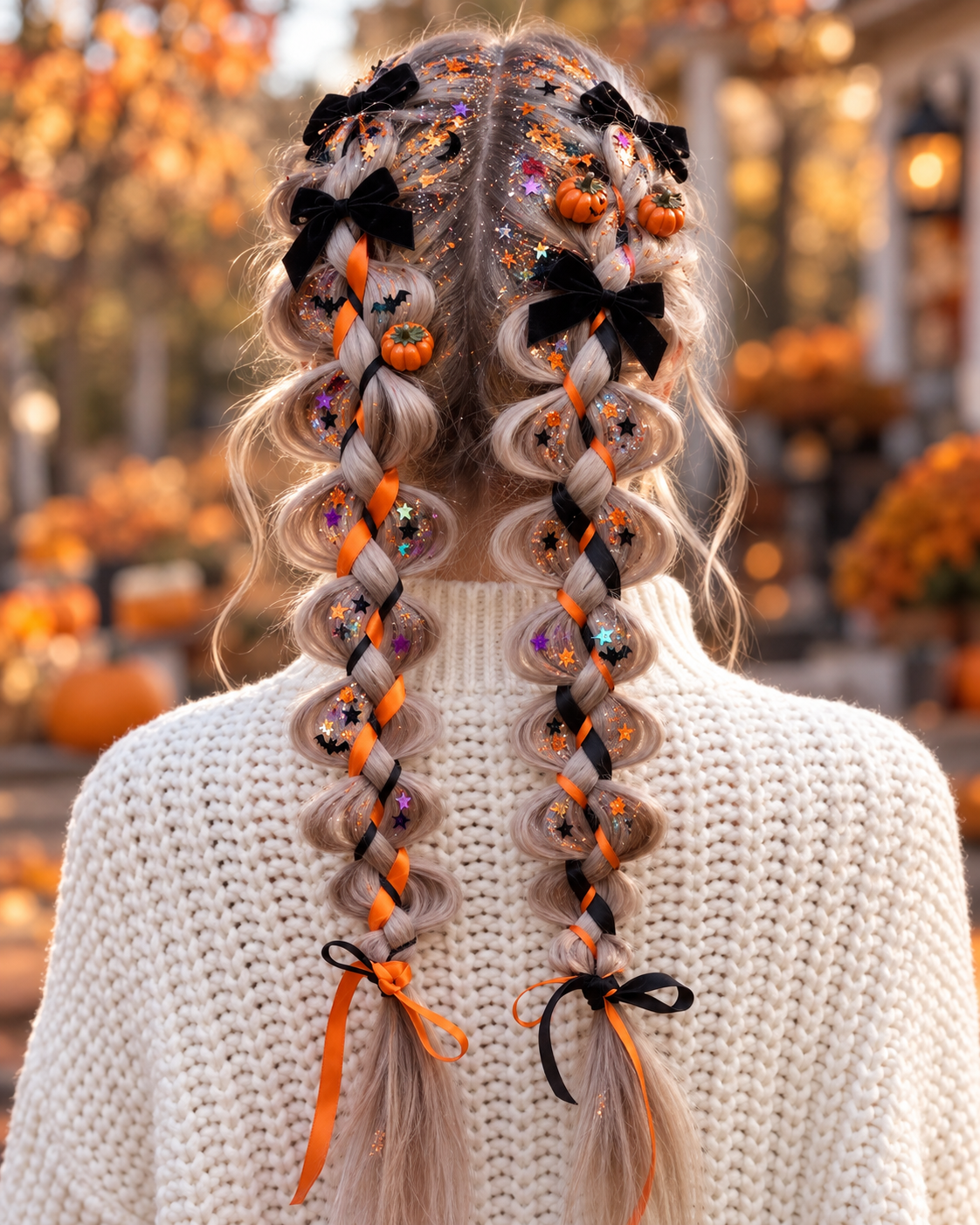 A person shown from behind wearing a white knit sweater, featuring elaborate autumn-themed braided hairstyles with orange and black ribbons, glitter, small pumpkins, and black bow accessories.