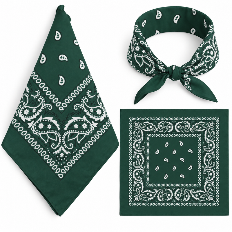 Dark Green 100% cotton paisley bandana head scarf on a white background.