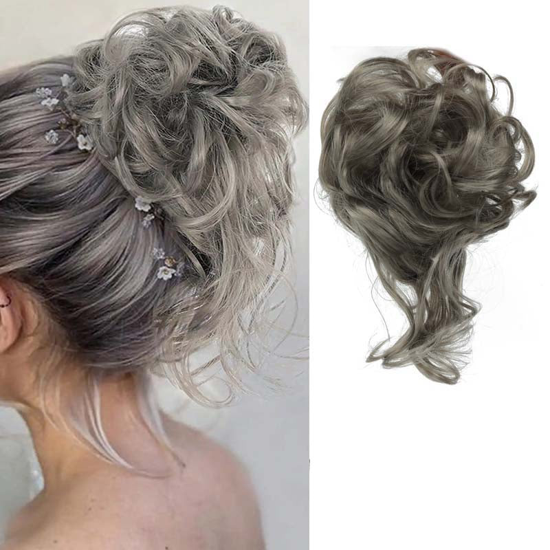 ASH GREY 20CM SYNTHETIC HAIR BUN EXTENSIONS MESSY CURLY SCRUNCHIES