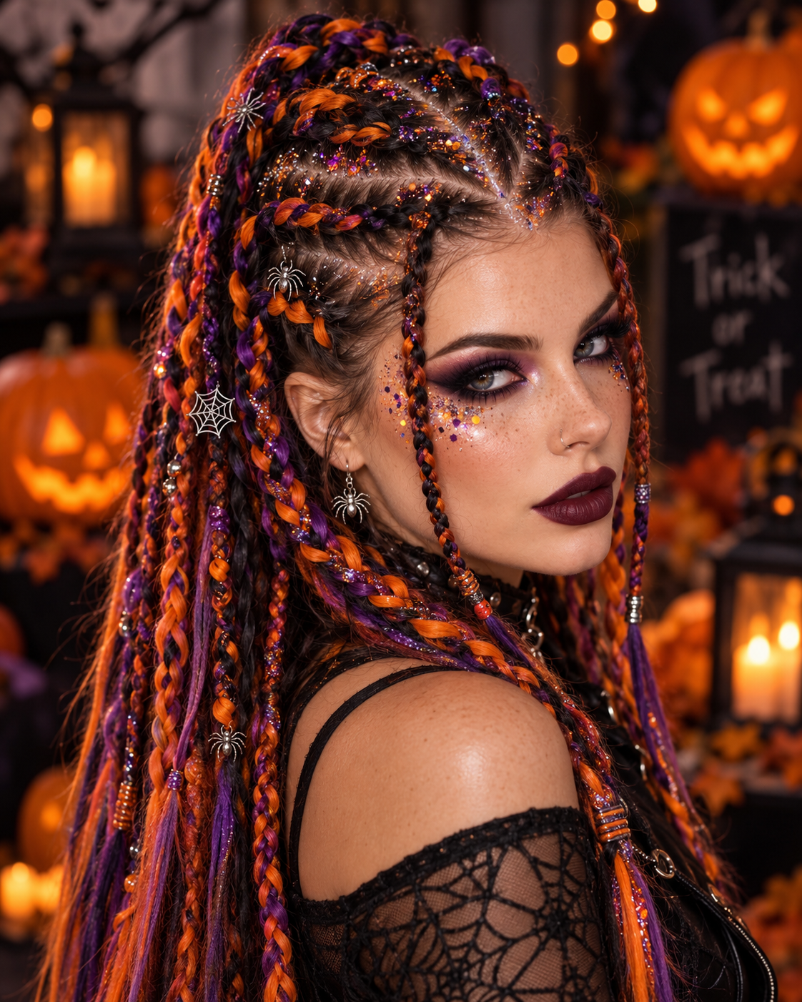 A woman with elaborate Halloween braided hair in orange, purple, and black, styled with spiderweb clips and beads, posing in a spooky, pumpkin-lit setting.