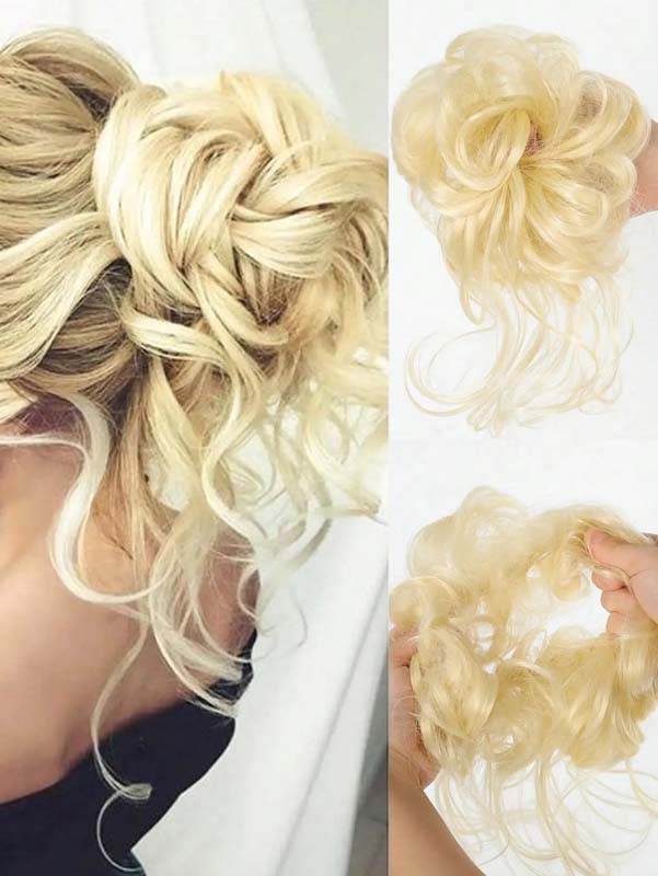 ICY BLONDE 20CM SYNTHETIC HAIR BUN EXTENSIONS MESSY CURLY SCRUNCHIES