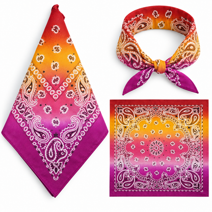 Yellow and Rose 100% cotton paisley bandana head scarf on a white background.