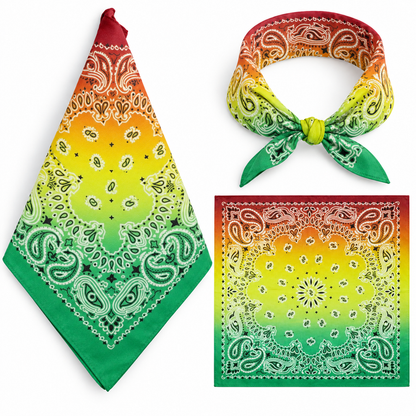 Yellow and Green 100% cotton paisley bandana head scarf on a white background.