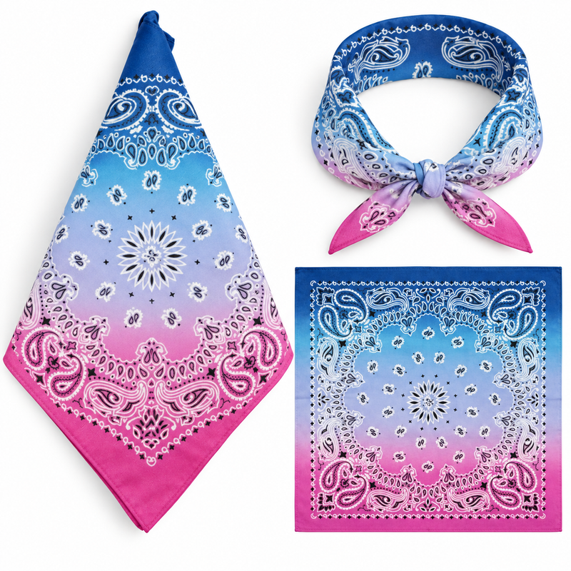 Blue and Purple 100% cotton paisley bandana head scarf on a white background.