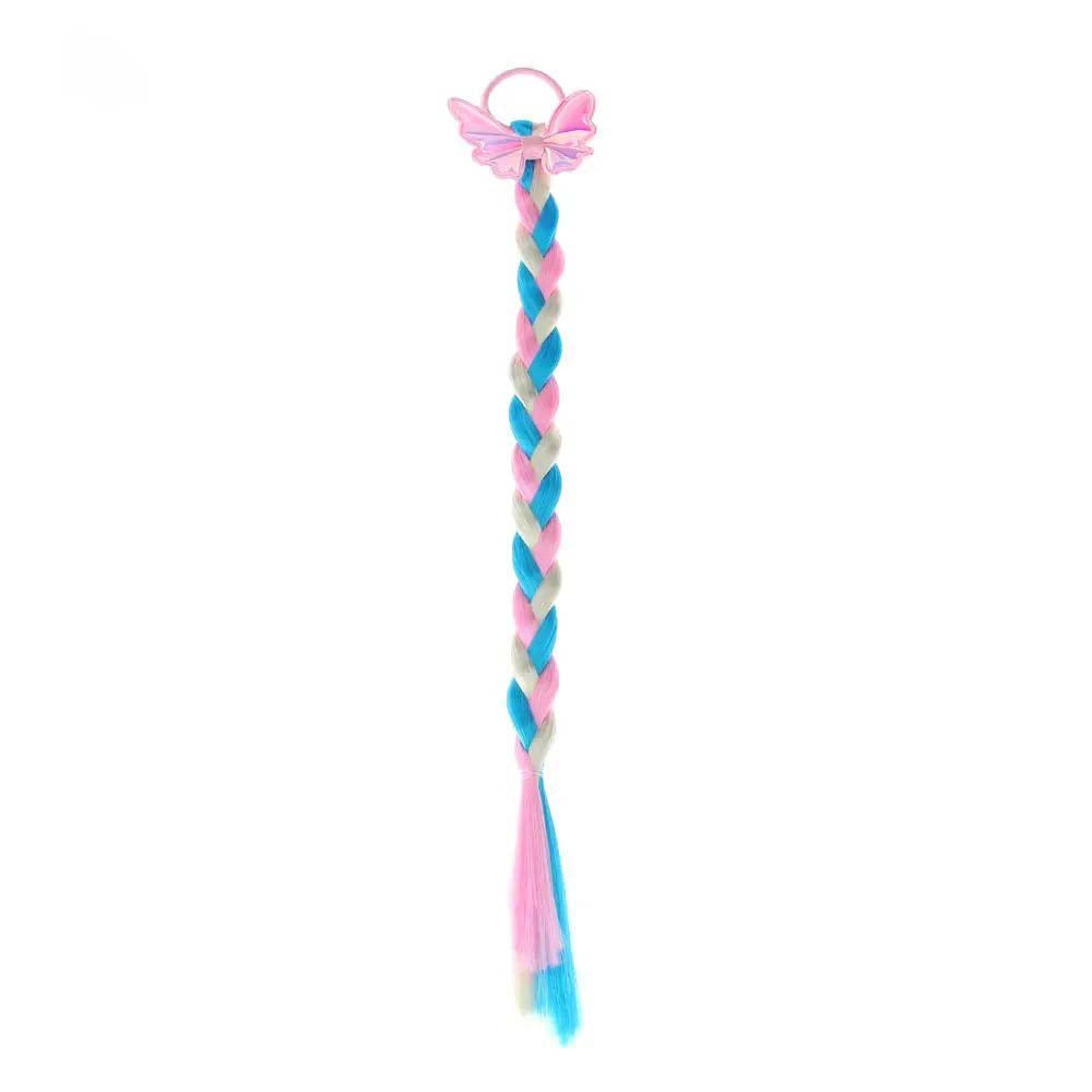 PINK BLUE BUTTERFLY BRAIDED HAIR PIECE WITH ELASTIC RUBBER BAND