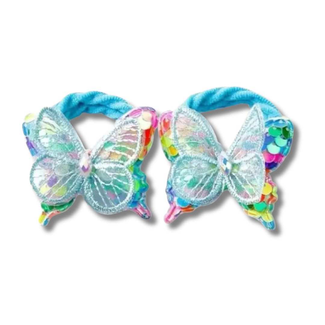 2PCS KIDS BLUE BUTTERFLY HAIR TIES COLOURFUL ELASTIC PONYTAIL HOLDERS CUTE GIRLS HAIR ACCESSORIES