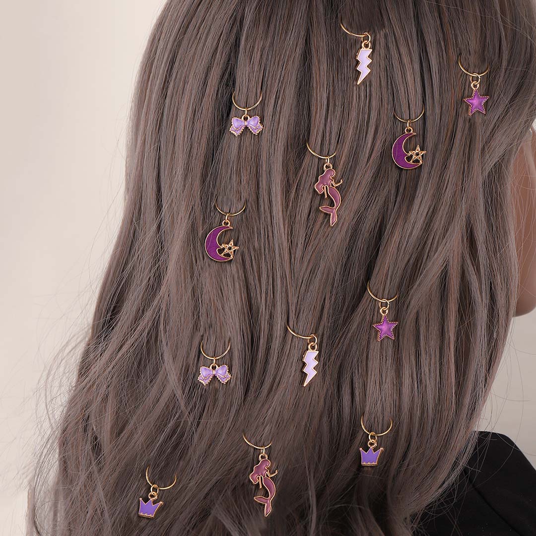 12PCS PURPLE MERMAID STAR GOLD HAIR CUFFS BRAID CHARMS