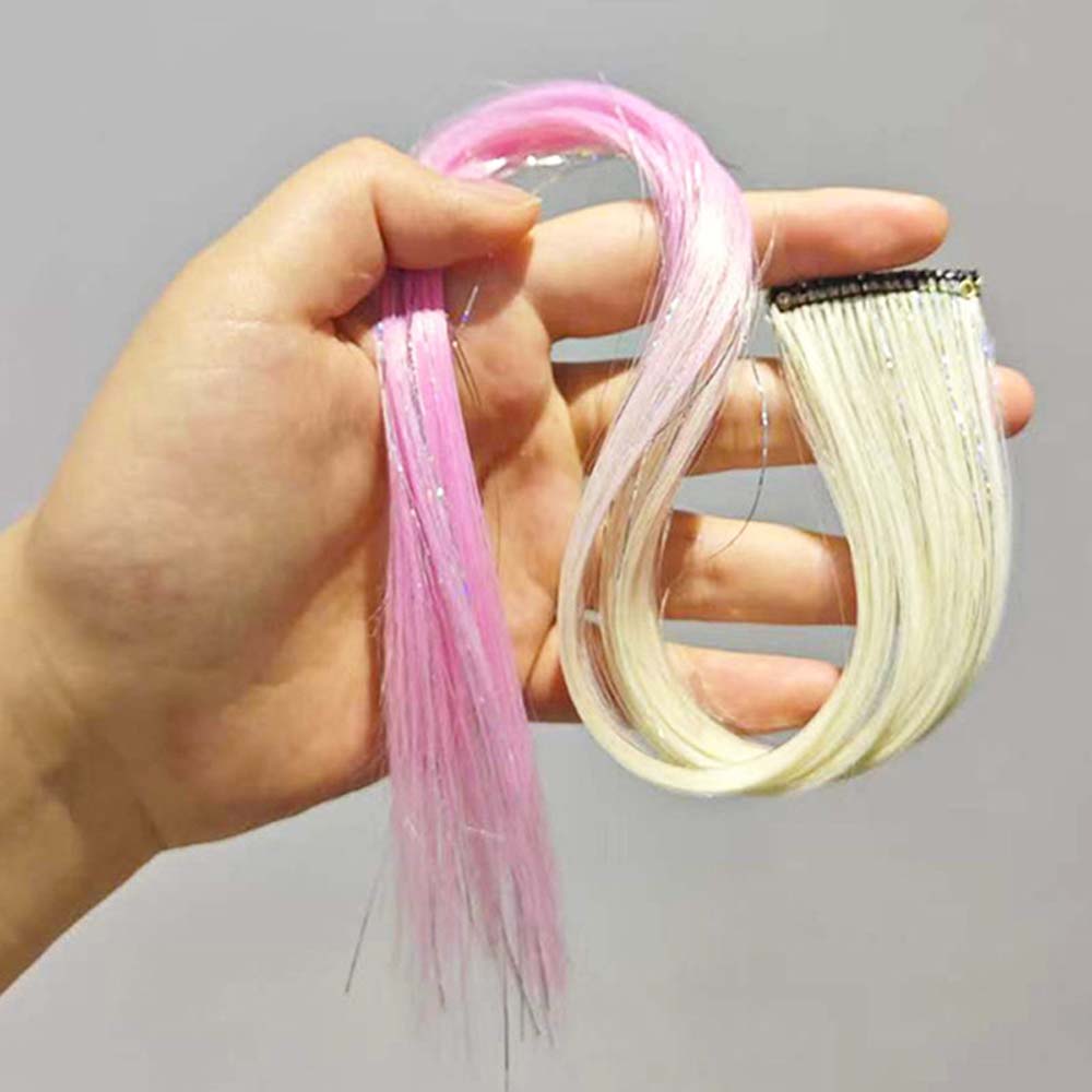 BEIGE & PINK 40CM TINSEL CLIP IN HAIR EXTENSIONS HAIR HIGHLIGHTS