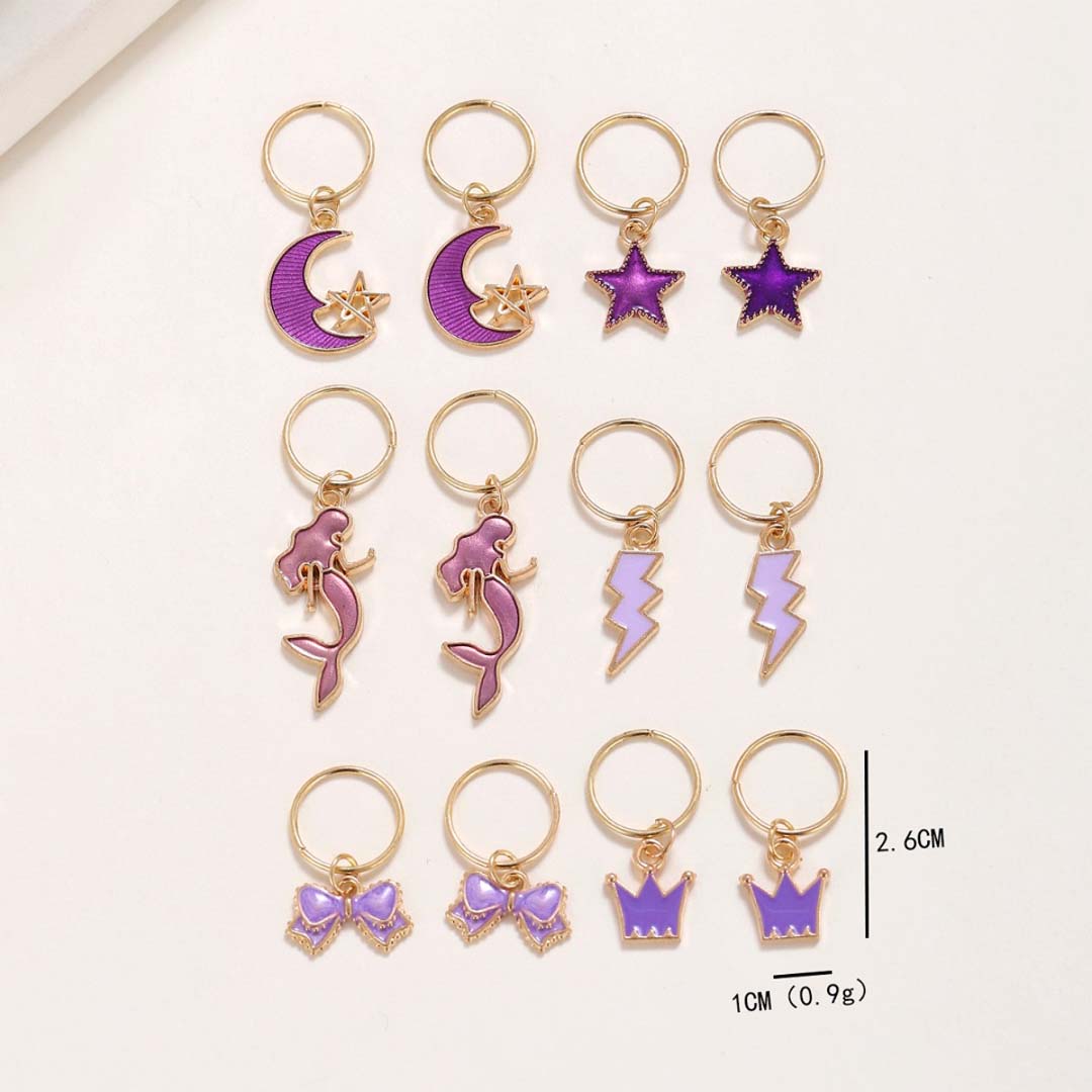 12PCS PURPLE MERMAID STAR GOLD HAIR CUFFS BRAID CHARMS