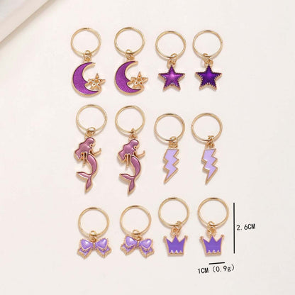 12PCS PURPLE MERMAID STAR GOLD HAIR CUFFS BRAID CHARMS