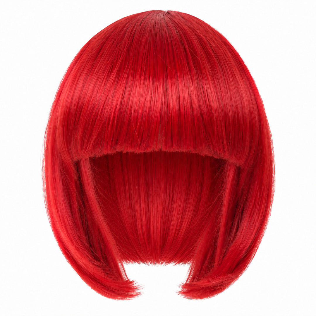 Red straight bob wig with full fringe and curved-in ends on a white background.