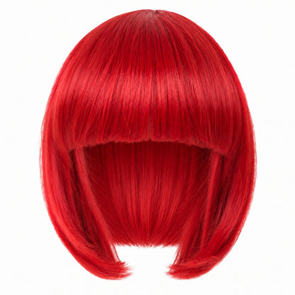 Red straight bob wig with full fringe and curved-in ends on a white background.