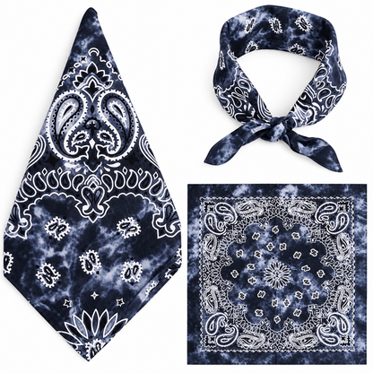 Gradient Navy Blue 100% cotton paisley bandana head scarf on a white background.