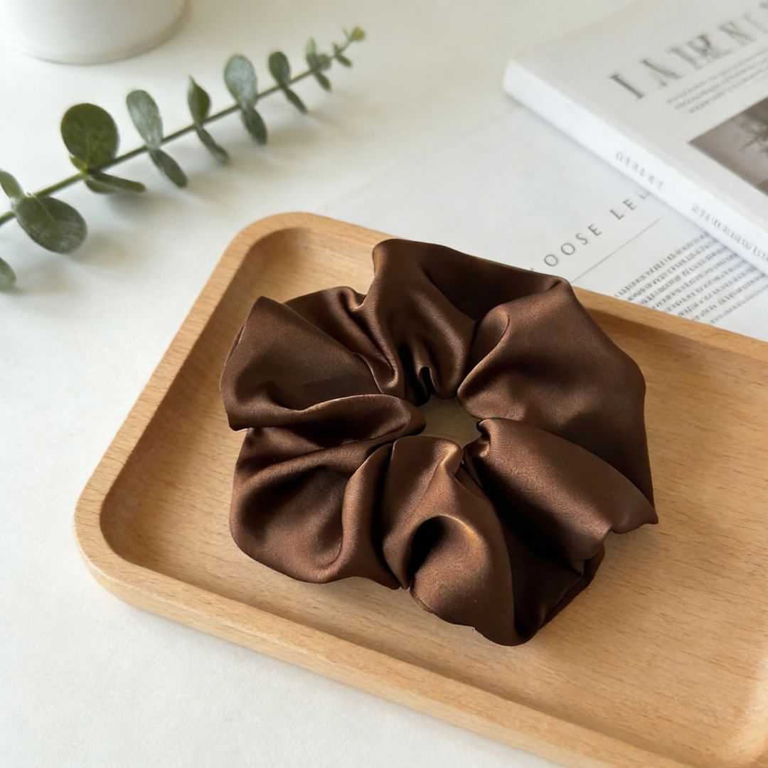 18CM BROWN OVERSIZE LARGE SCRUNCHIES SILK SATIN ELASTIC HAIR ROPE PONYTAIL TIE