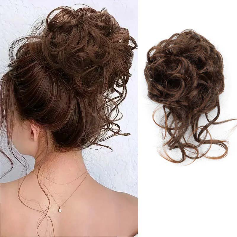 DARK BROWN 20CM SYNTHETIC HAIR BUN EXTENSIONS MESSY CURLY SCRUNCHIES