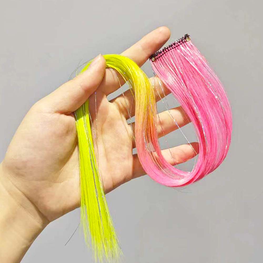 PINK & YELLOW 40CM TINSEL CLIP IN HAIR EXTENSIONS HAIR HIGHLIGHTS