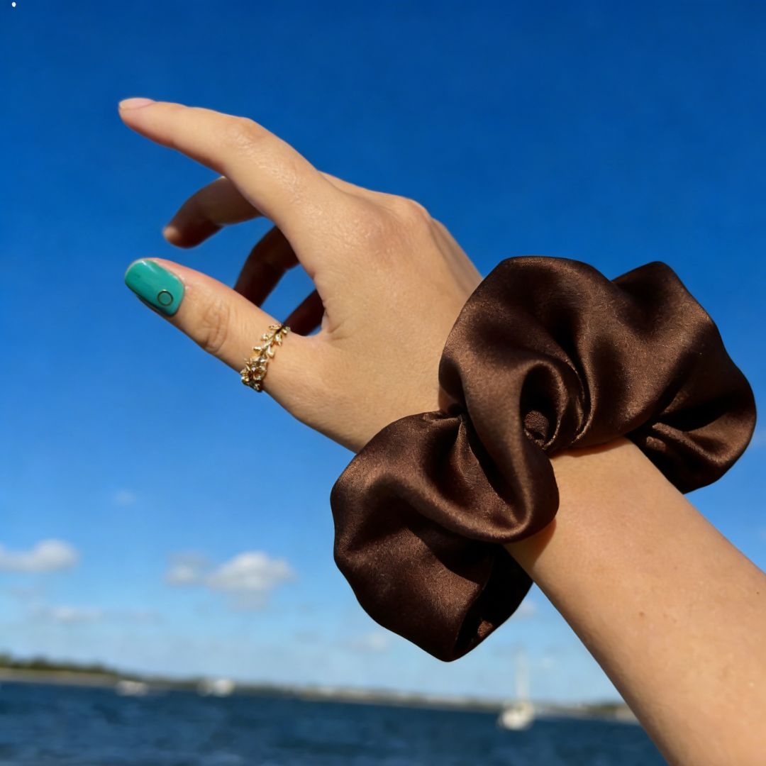 18CM BROWN OVERSIZE LARGE SCRUNCHIES SILK SATIN ELASTIC HAIR ROPE PONYTAIL TIE