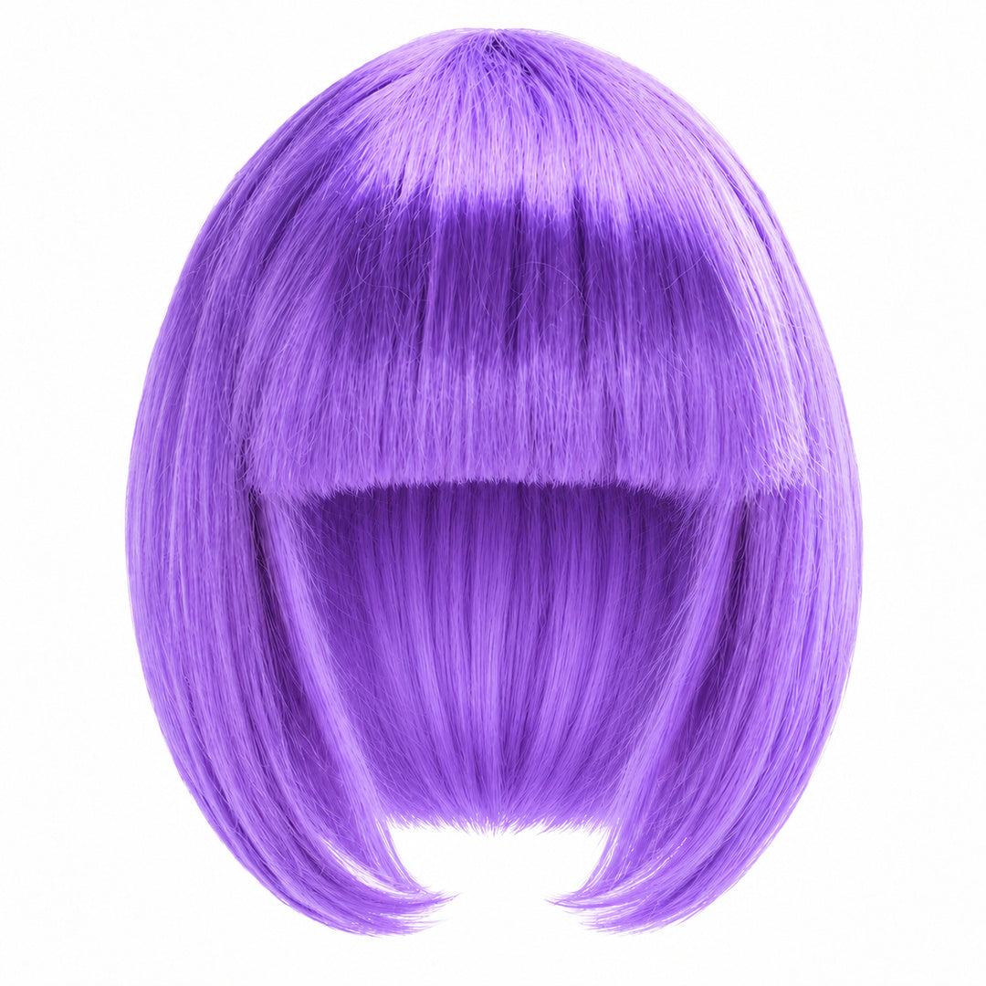 Purple straight bob wig with full fringe and curved-in ends on a white background.